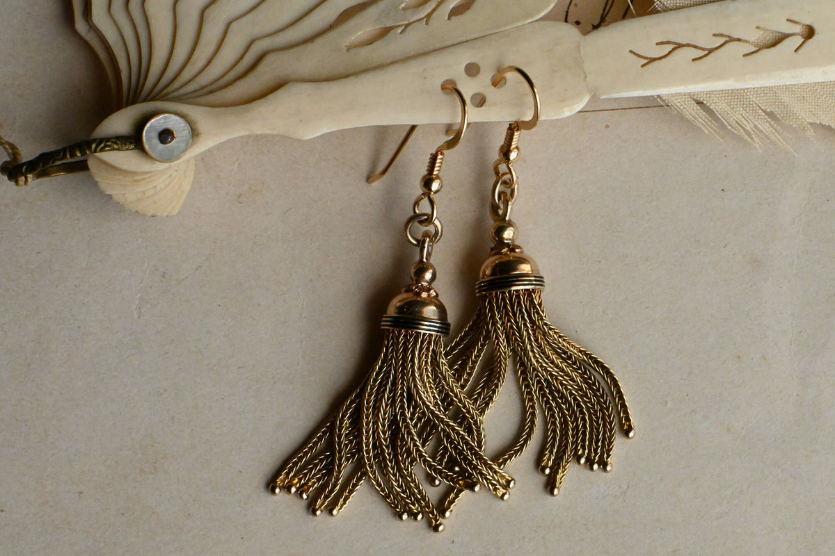Victorian 1870s 10K foxtail tassel earrings with black enamel detail Jean Jean Vintage