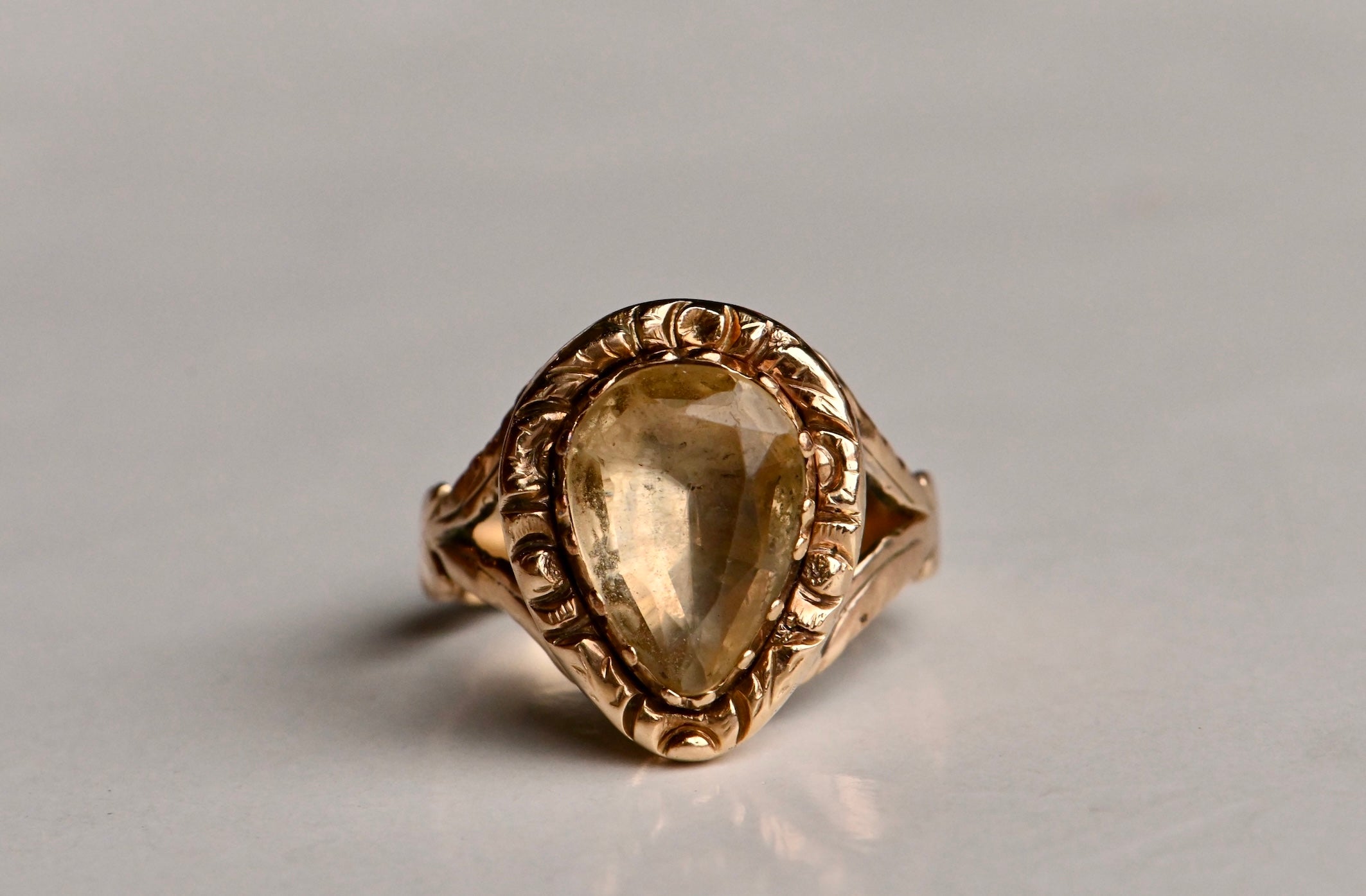 Antique 1810s 14K Georgian Regency Era pear-shaped citrine ring