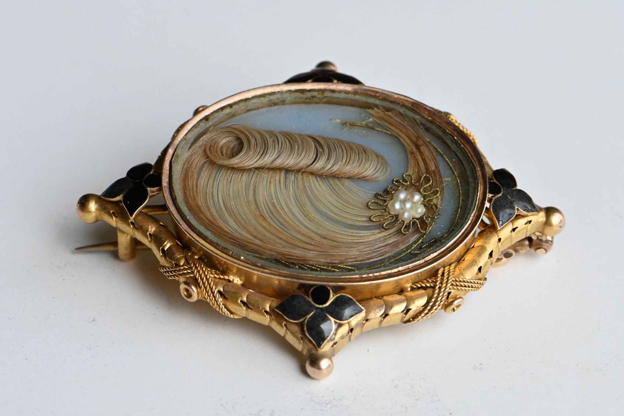Antique Victorian 1850s mourning brooch with hairwork and