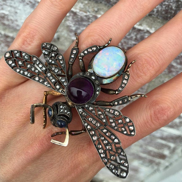Antique Russian Imperial gemstone insect brooch ∙ 1900s Art Nouveau Ru ...